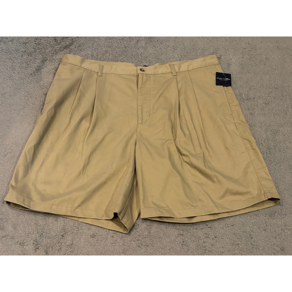 Grant Thomas Mens Khaki Pleated Chino Shorts Tan Cotton 42 Wrinkle Resistant
